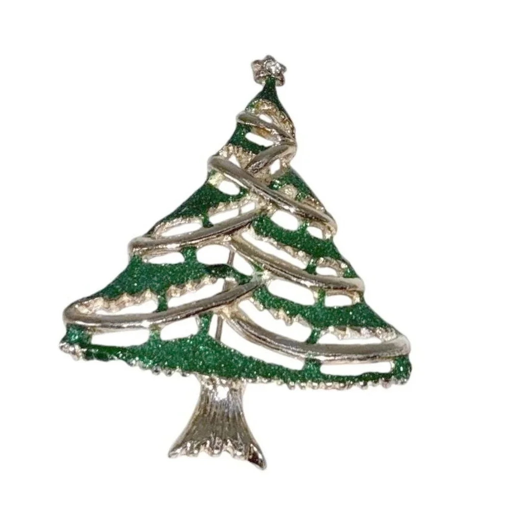 Vintage Christmas Tree Brooch Green Enamel Holiday Pin Gold-Tone Festive Jewelry